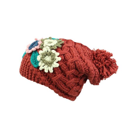 Thick Knit Floral Slouchy Beanie Hat With Brim & Pom Pom - Picture 6 of 8